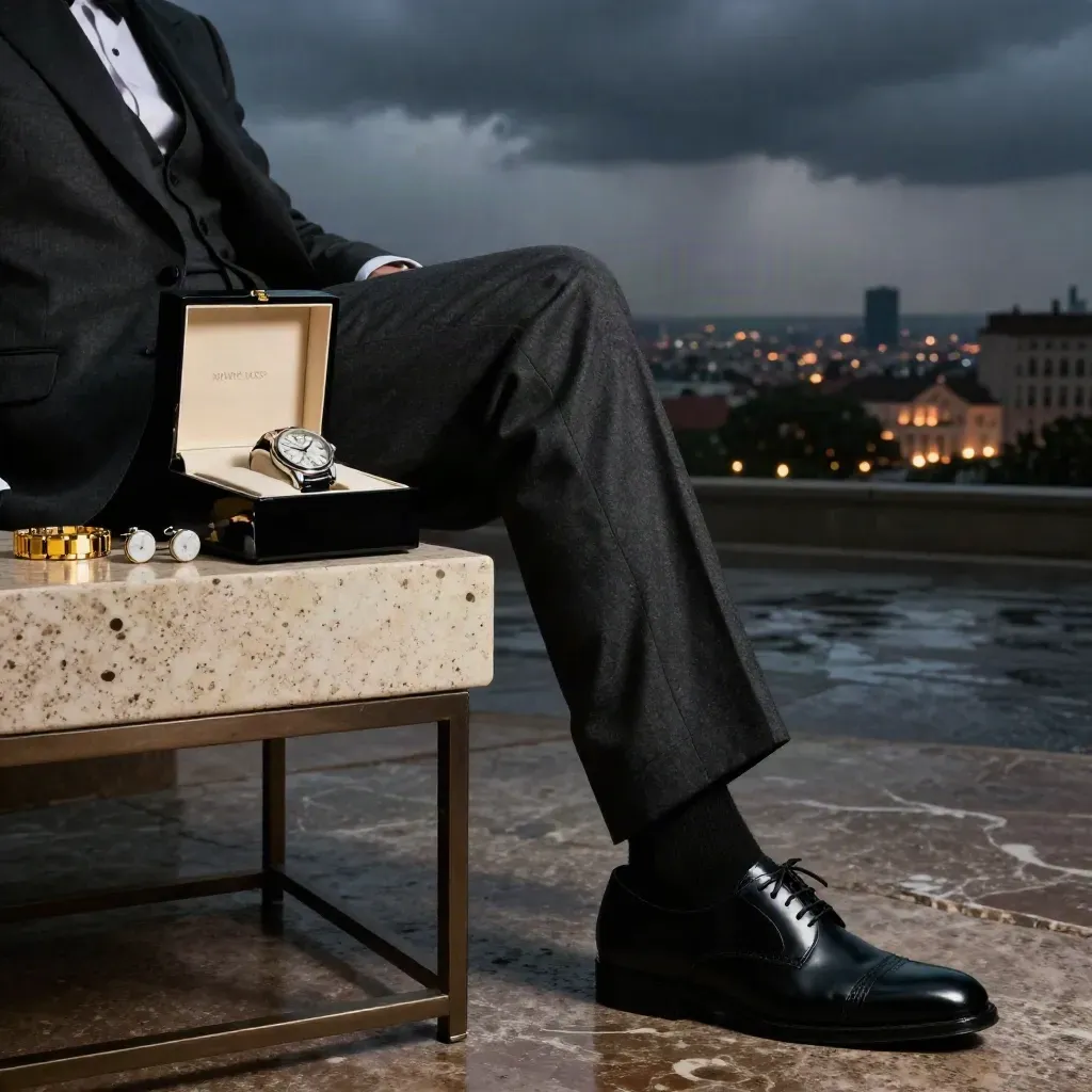 Abito da sera, orologio in platino e accessori su console in travertino dopo un temporale.