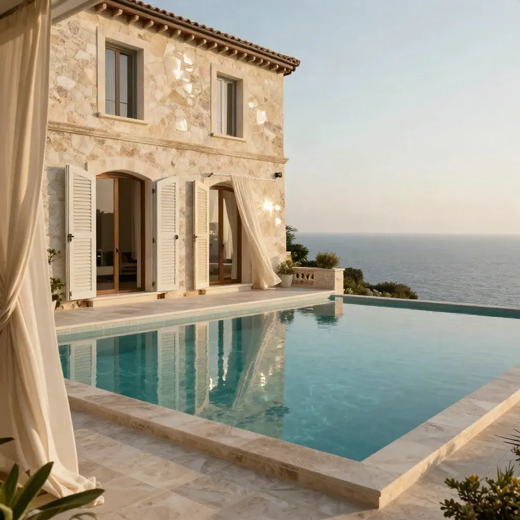 Villa in pietra chiara con piscina a sfioro e terrazza vuota sopra il mare di Costa Smeralda.
