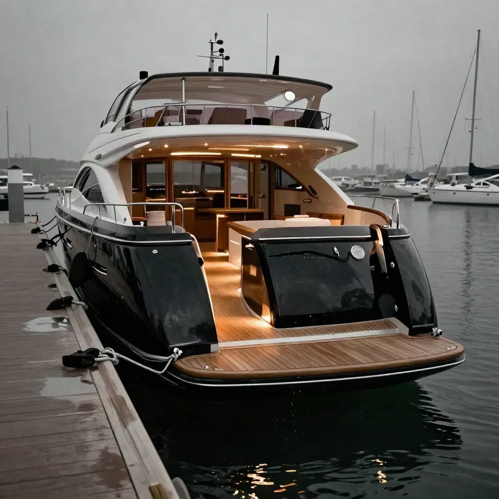 Yacht di 30 metri ormeggiato al porto, poppa aperta, acqua e spray nel buio