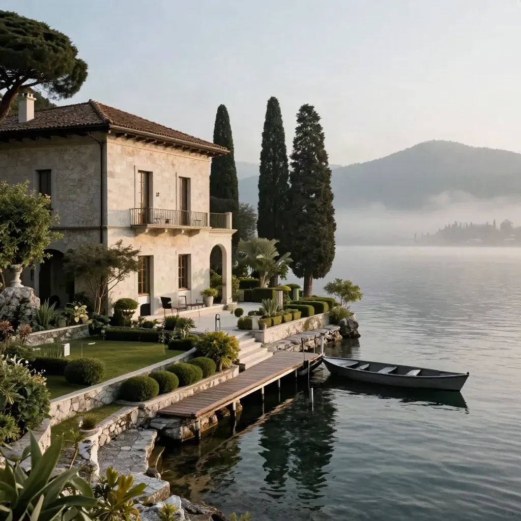 Villa sul lago con molo privato tra nebbia mattutina e riflessi immobili