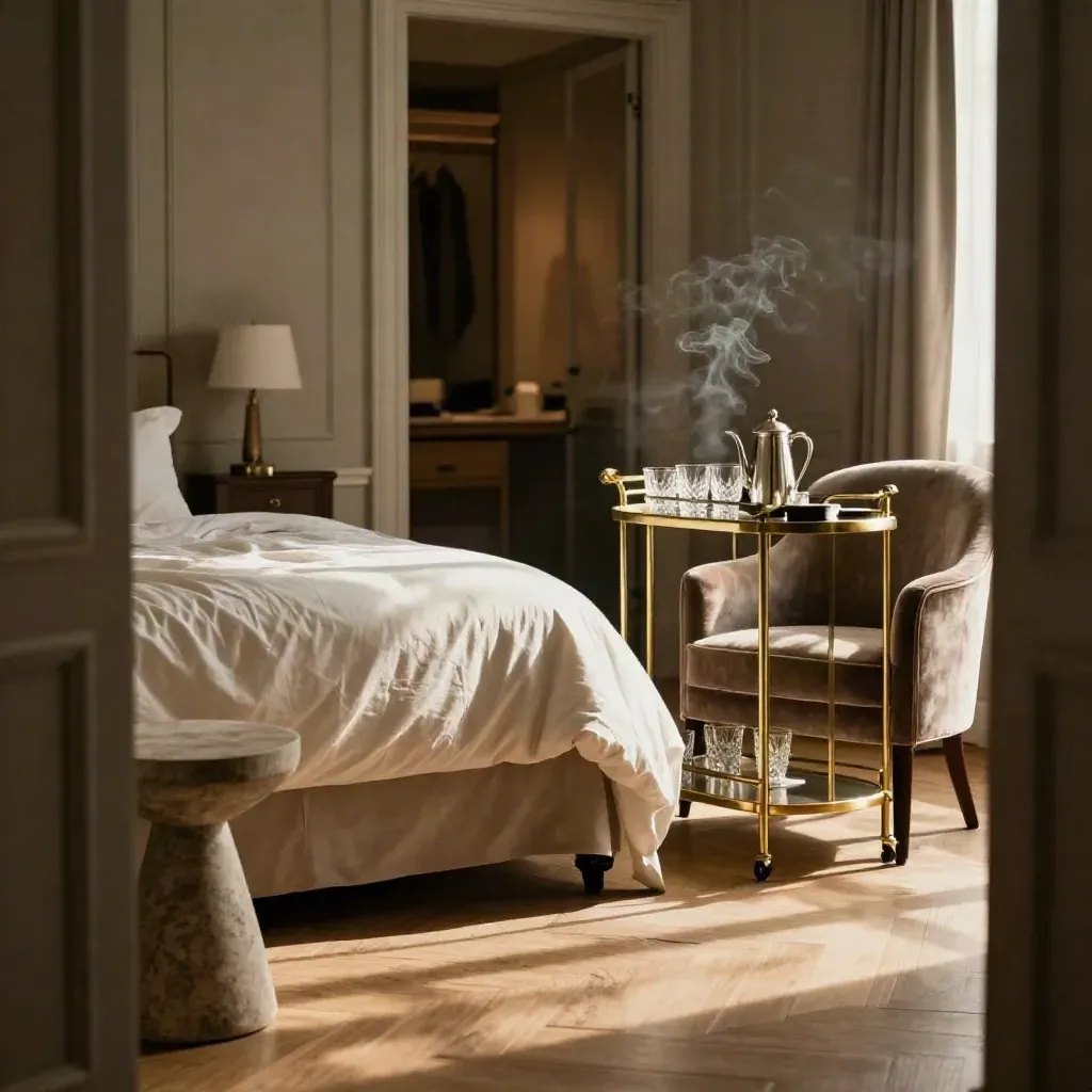 Suite milanese al mattino con letto sfatto, poltrona in velluto e carrello bar in luce calda.