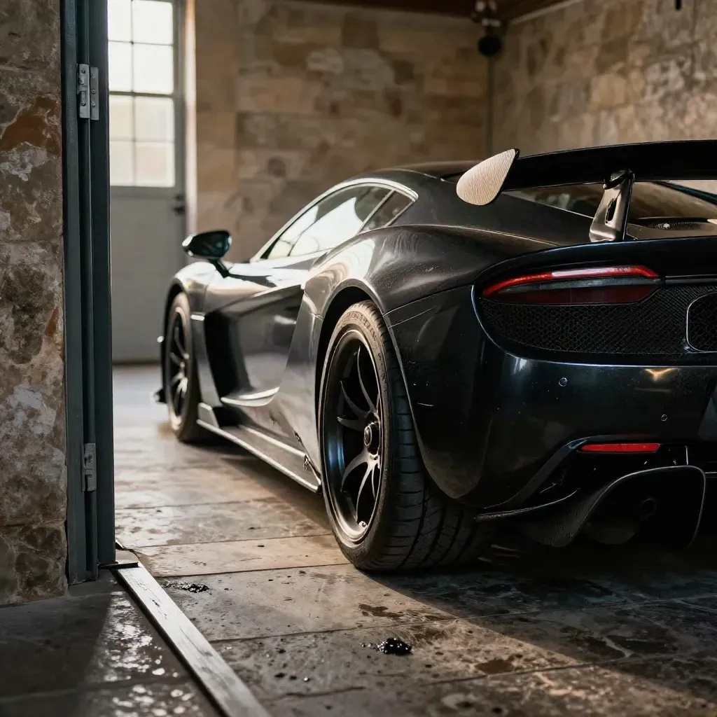 Supercar da collezione nel garage di pietra, luce radente sulla coda nera.
