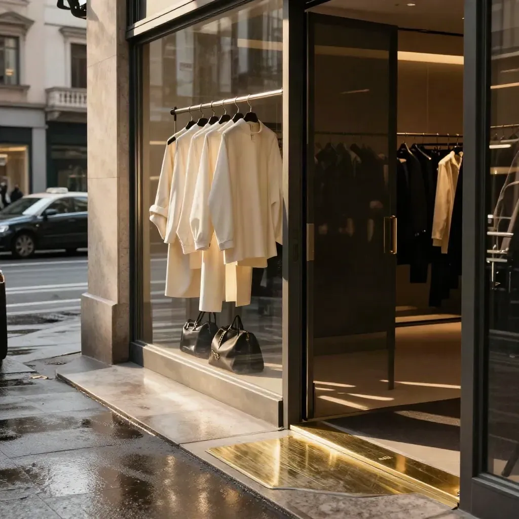 Ingresso laterale di una sfilata milanese con binari, copriabiti e asfalto bagnato