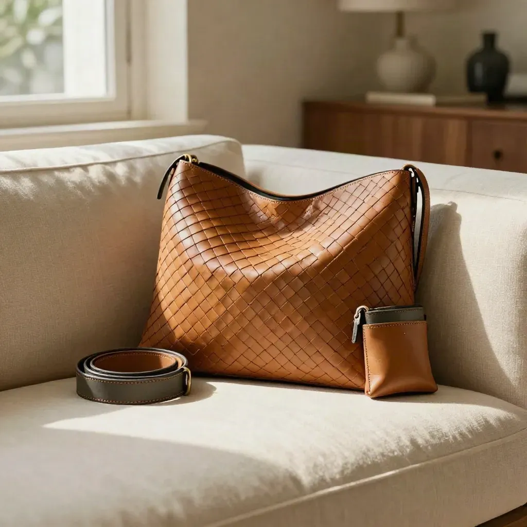 Borsa intrecciata, cintura e astuccio in pelle su un divano chiaro, luce radente.