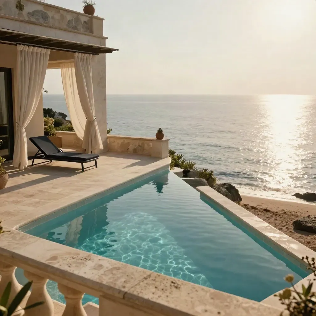 Villa sul mare a Porto Cervo con piscina azzurra, terrazze in pietra e tende mosse dal vento.