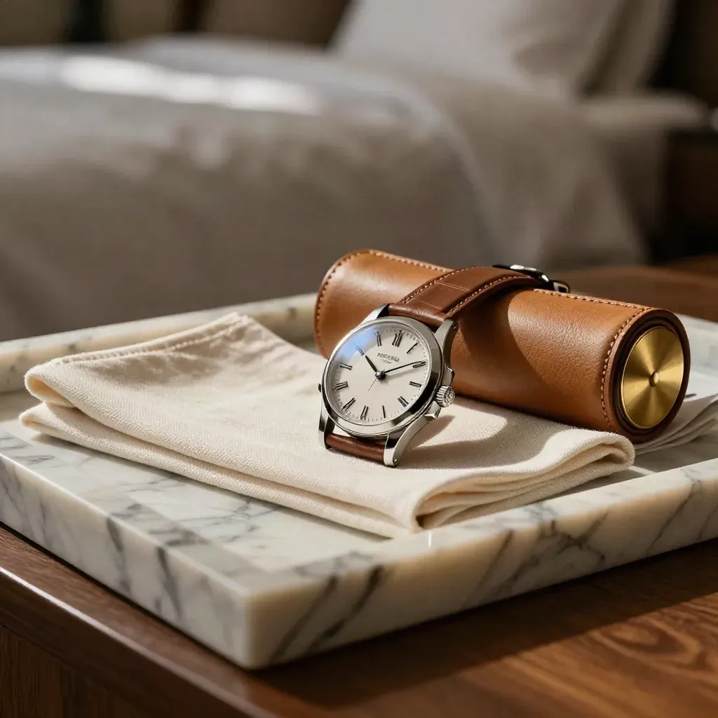 Orologio Patek Philippe Calatrava su vassoio di marmo in suite d’albergo, luce dell’alba.