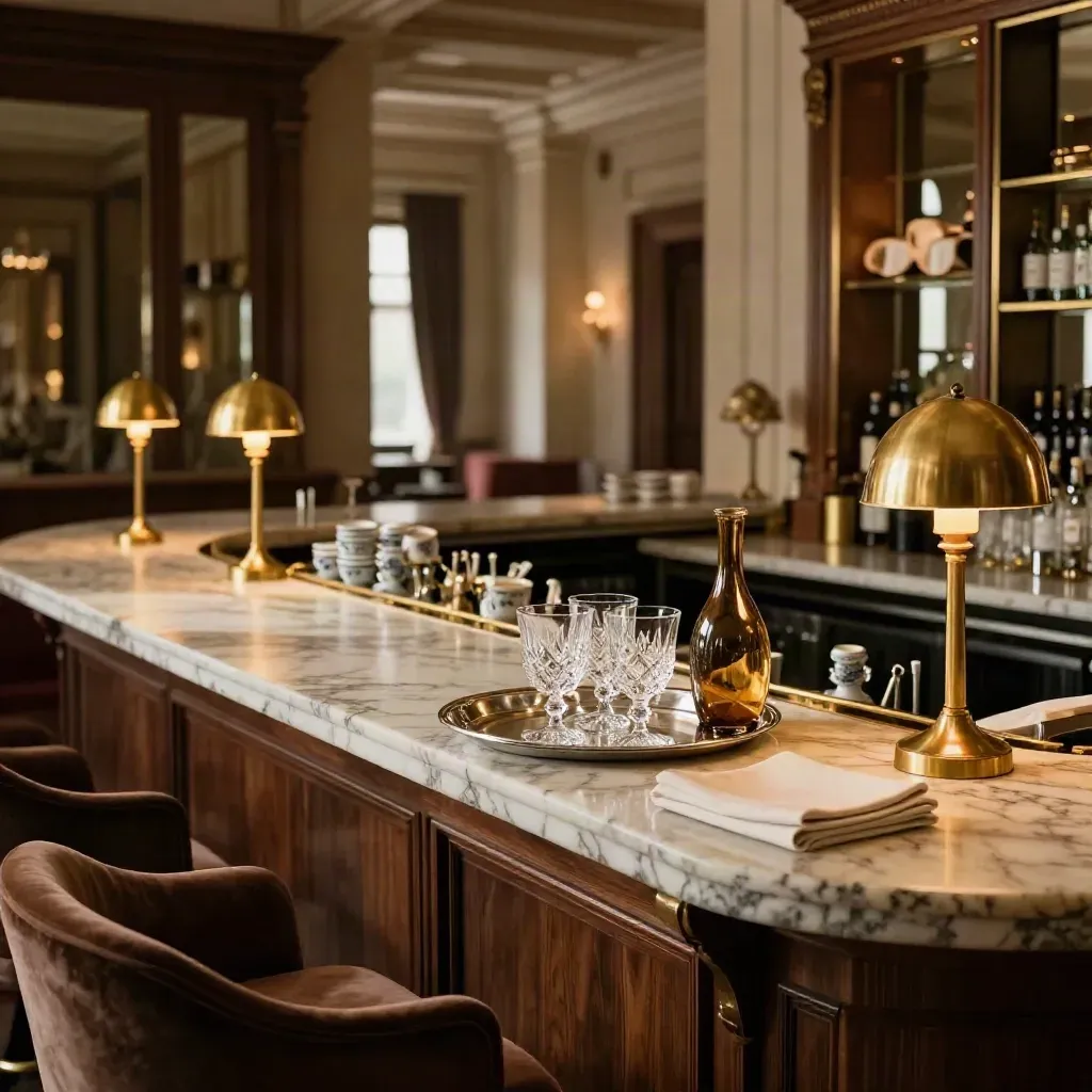 Bar elegante di un hotel storico a Roma, con marmo, ottone e poltrone vuote in luce morbida.