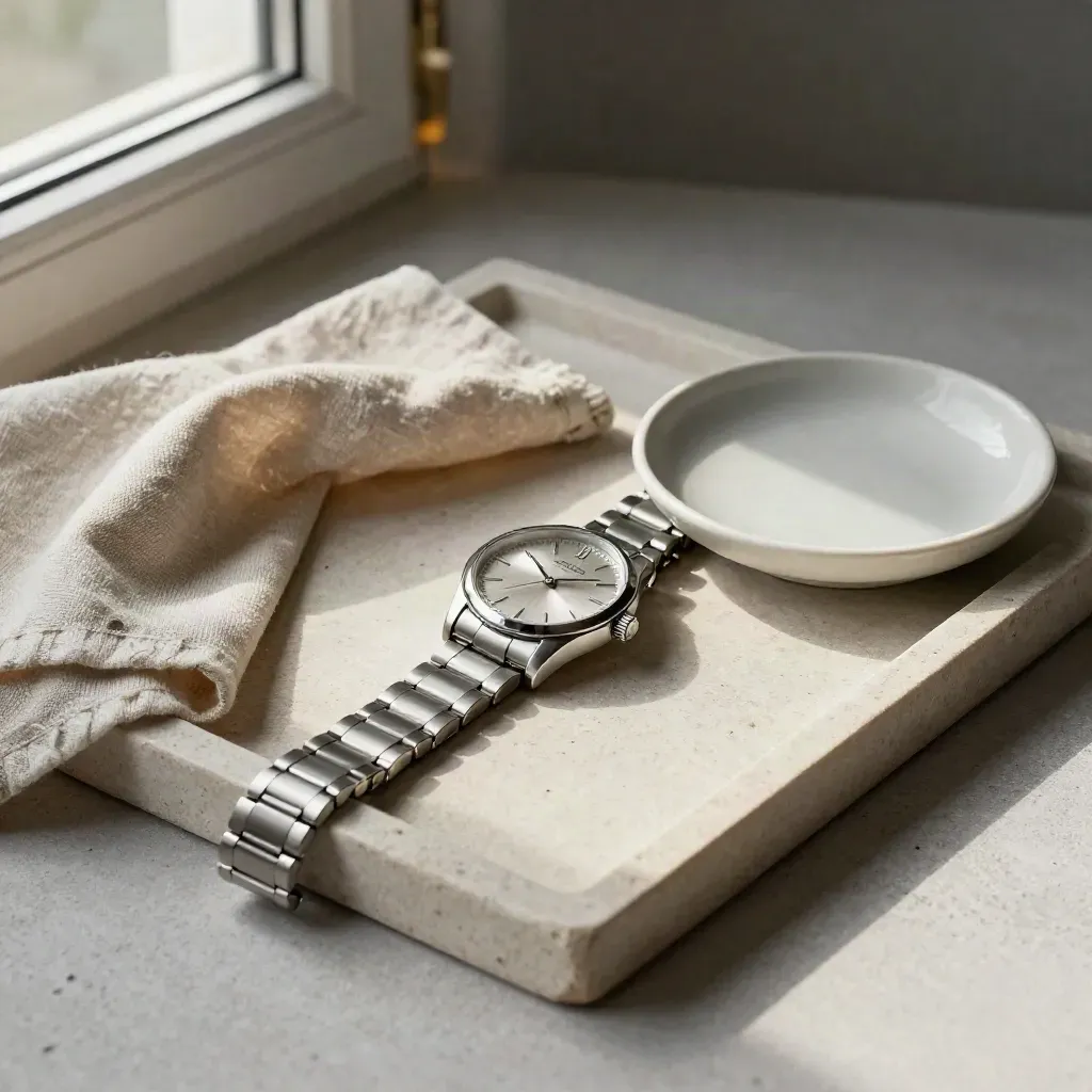 Orologio svizzero in acciaio su vassoio in pietra con lino piegato e ciotola ceramica.