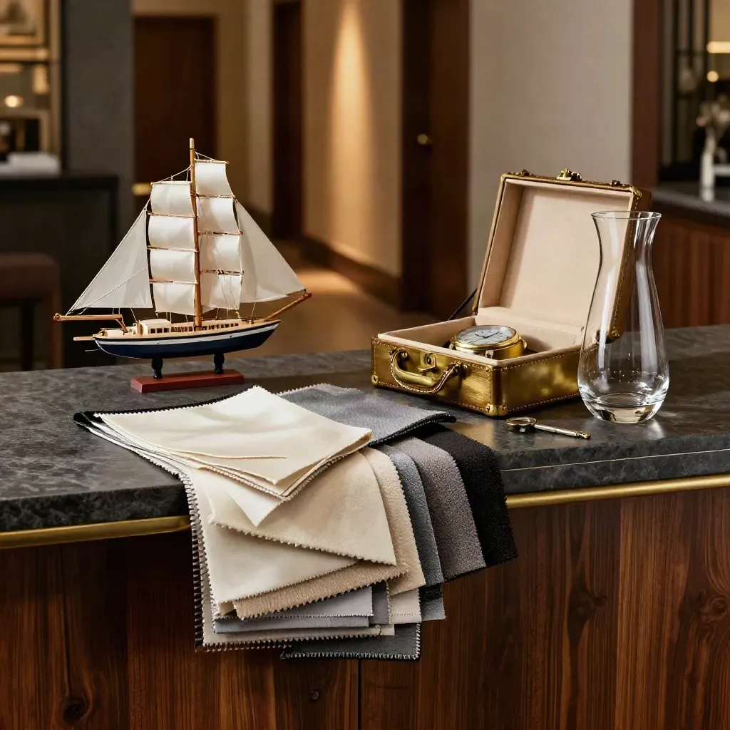 Tavolo stampa con campioni, modellino di yacht, cofanetto orologi e caraffa in un salone hotel