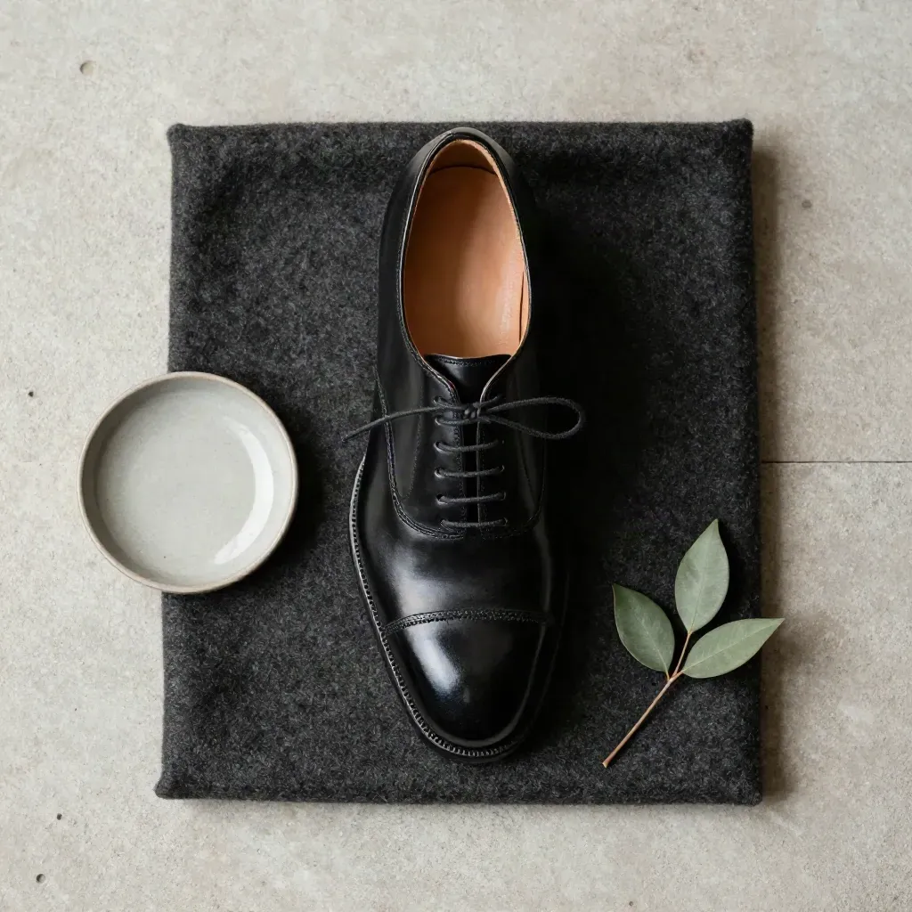 Scarpa oxford nera lucida con lana scura, piattino in ceramica e ramo verde su pietra chiara.