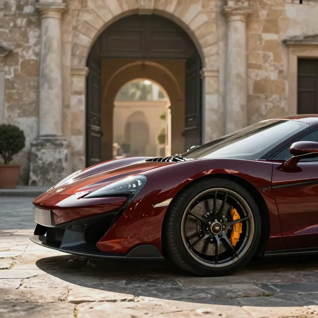Supercar rosso scura in una corte di pietra, con portone aperto e luce bassa sul cofano.