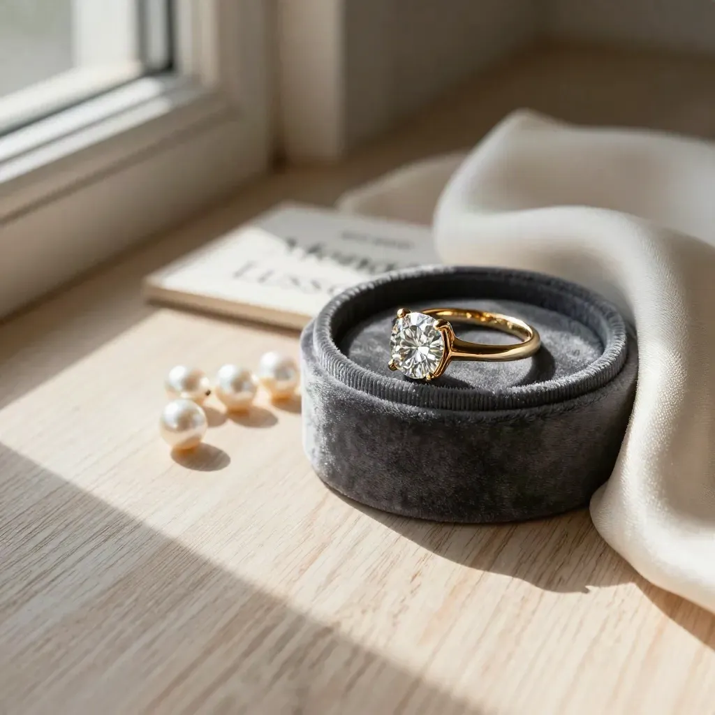Anello d’oro con diamante in ciotola vellutata, con perle e tessuto piegato su legno chiaro.