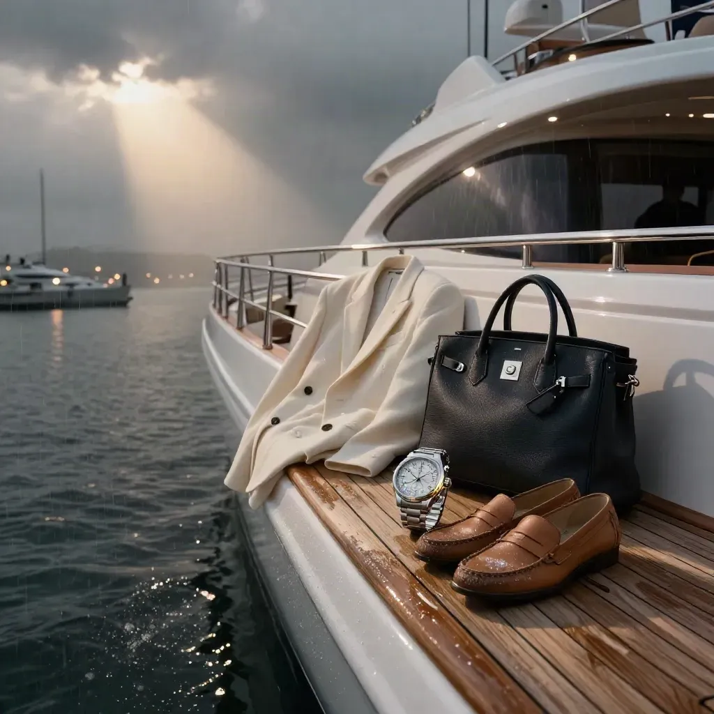 Prua di yacht con blazer, cronografo, mocassini e borsa weekend su teak bagnato al primo sole.