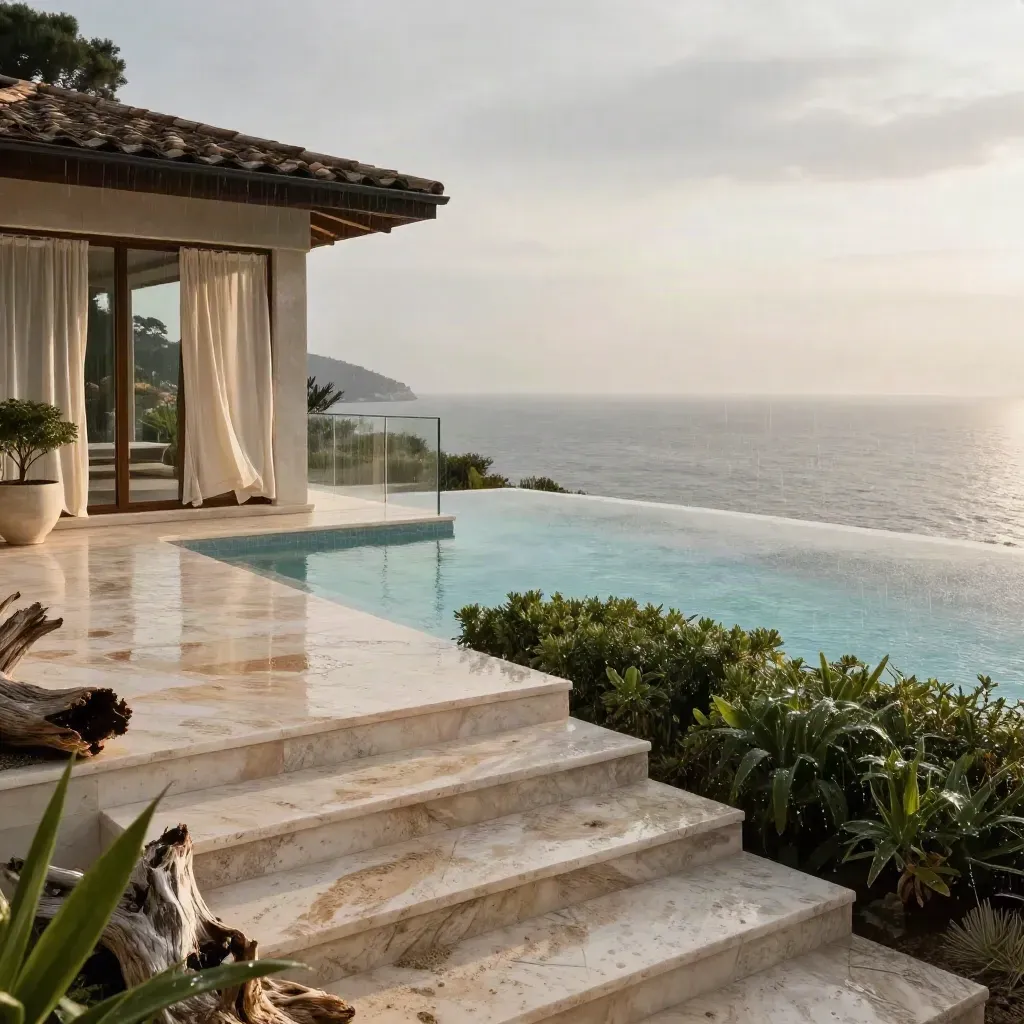 Villa sul mare con terrazza in travertino, piscina a sfioro e luce calda dopo la pioggia.
