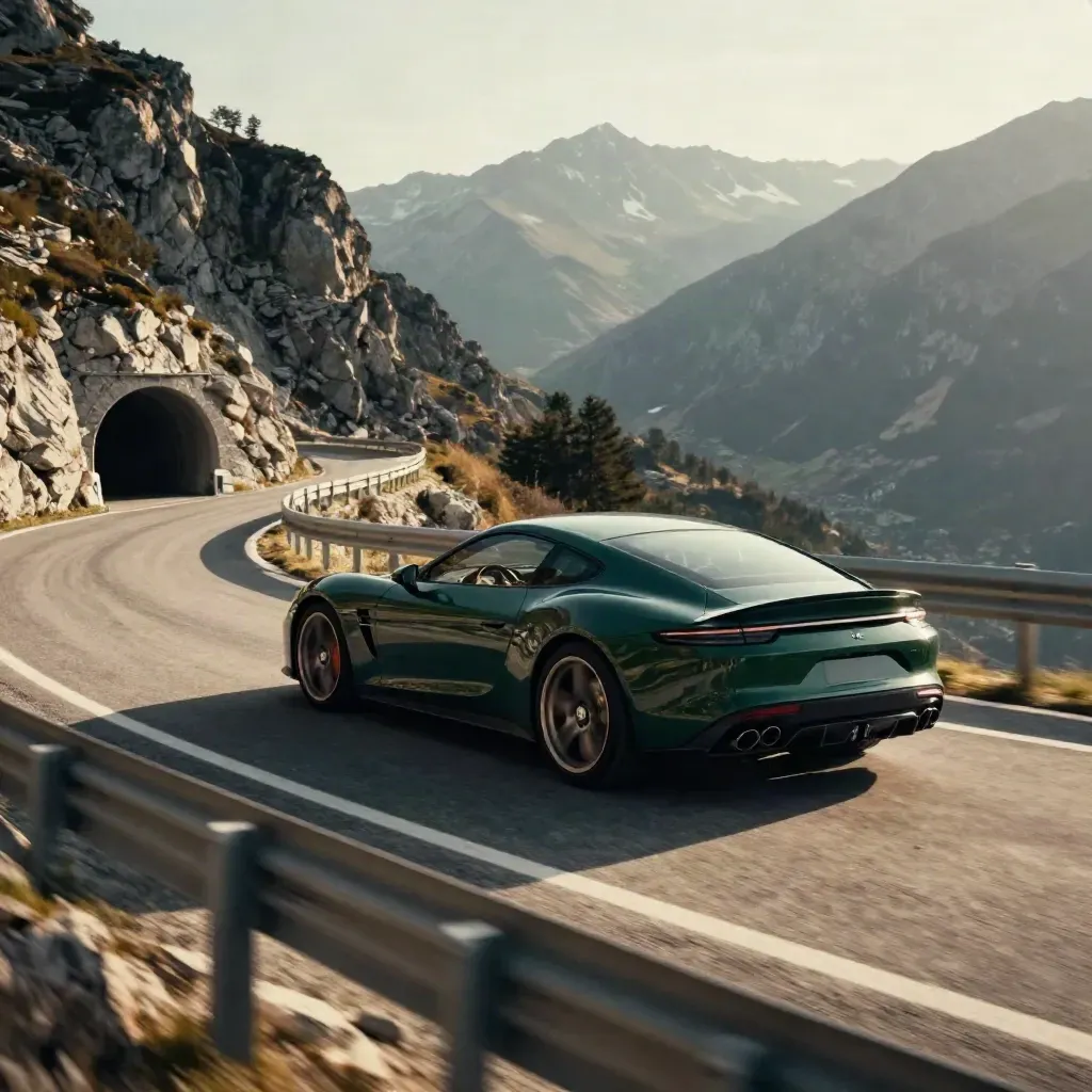 Coupé GT verde scuro esce da un tunnel di montagna, ripresa bassa di tre quarti posteriore.