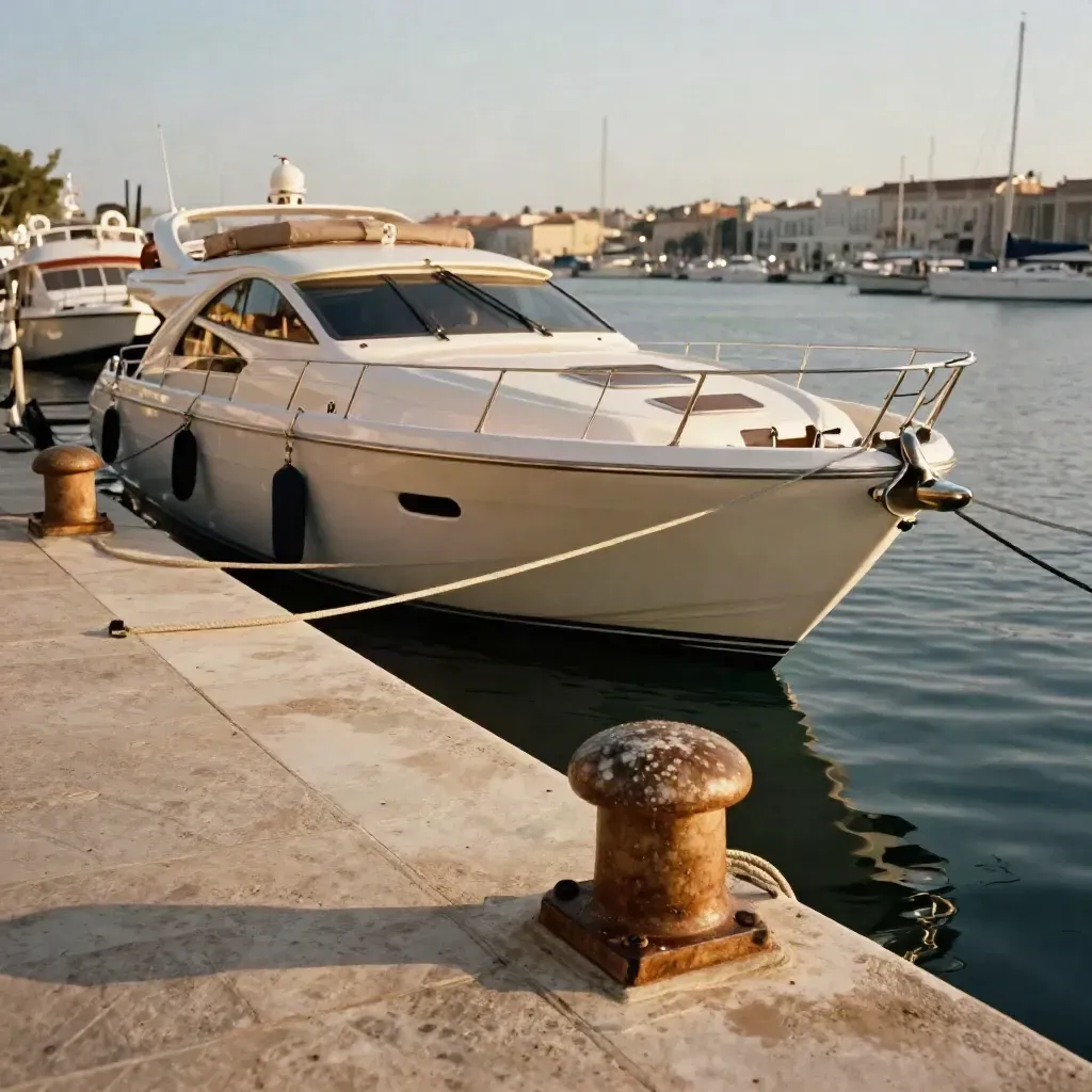 Yacht elegante ormeggiato al molo con cime tese, tender e luce calda sul travertino.