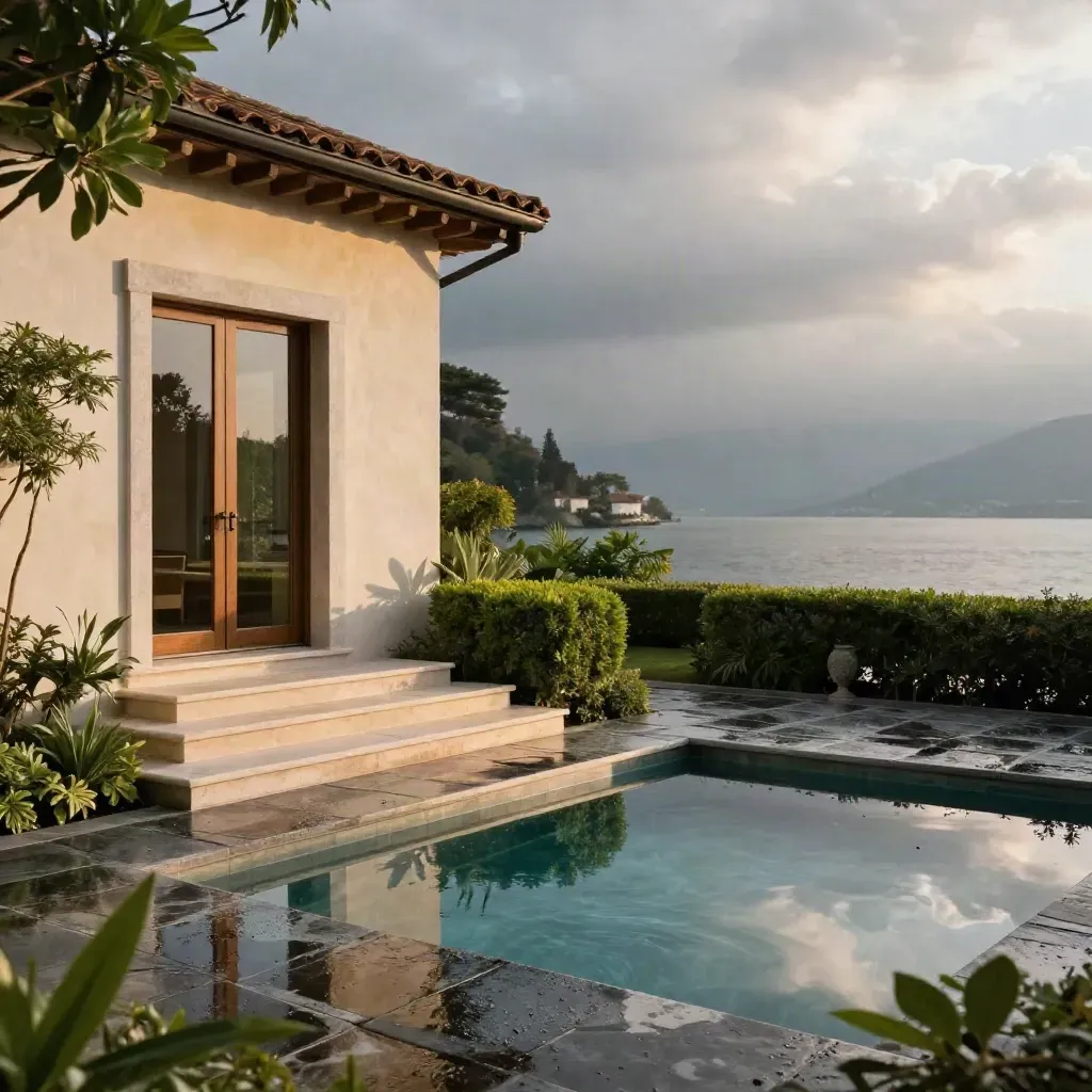 Villa elegante tra mare e lago con piscina riflettente, gradini in pietra e siepi bagnate