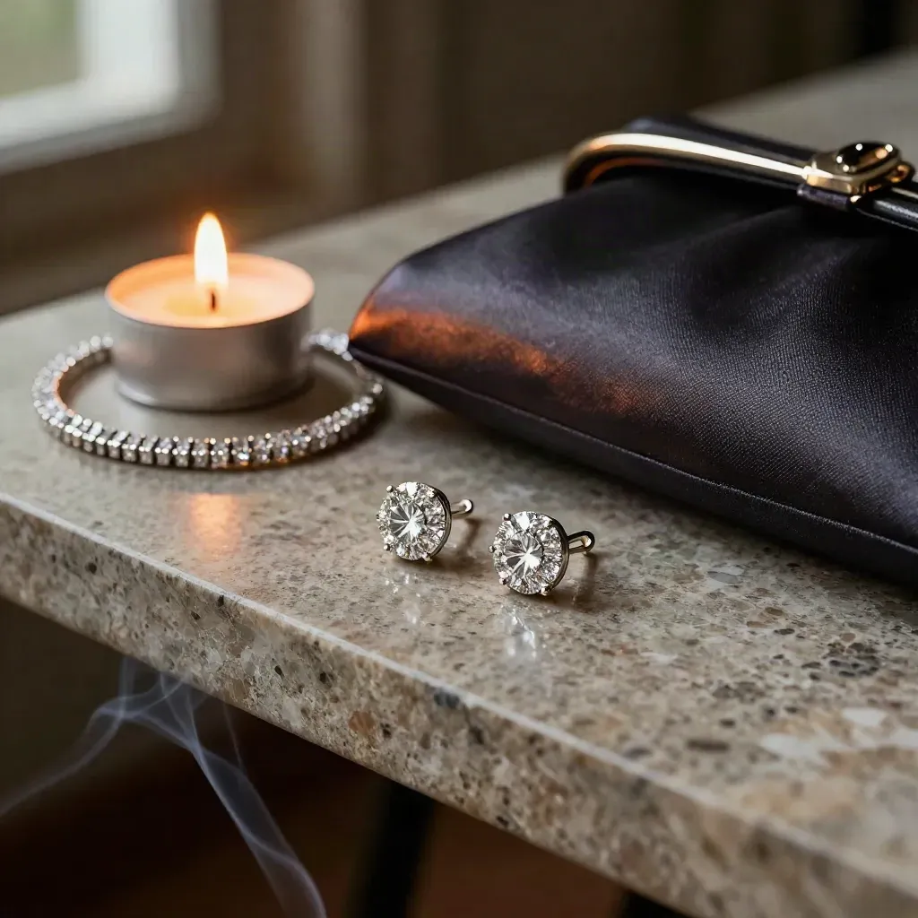 Orecchini, bracciale e clutch scura su tavolo di pietra, illuminati da una candela tremolante.