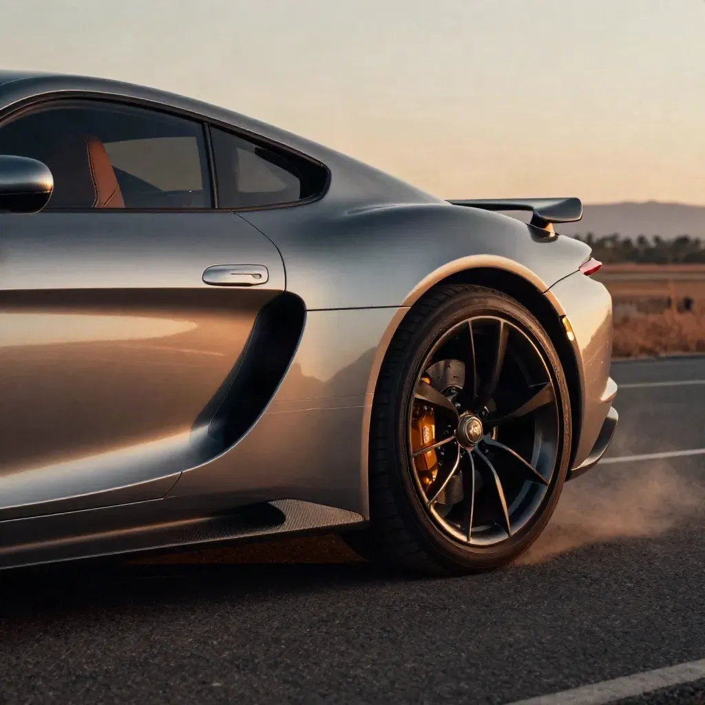 Gran turismo italiana ferma dopo la corsa, ruote calde e calore che sale dall'asfalto.
