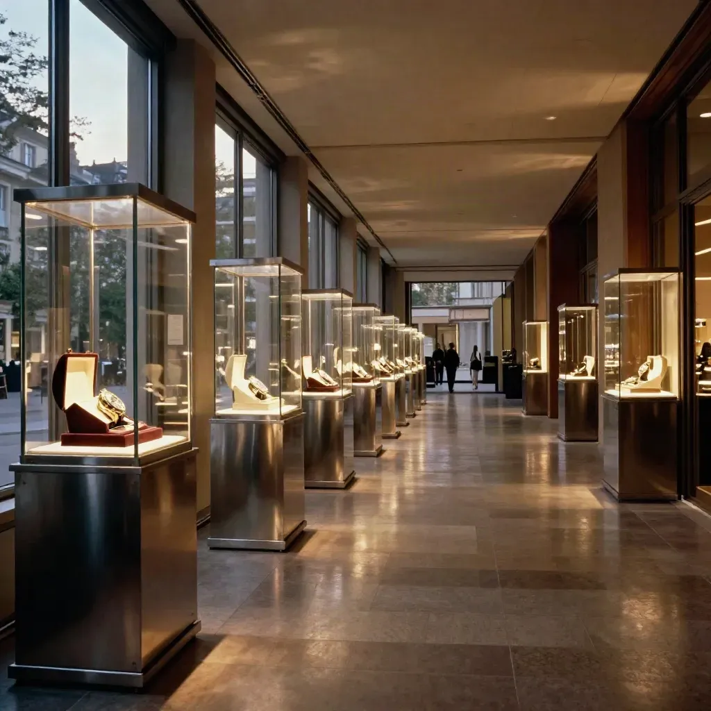Padiglione della fiera di Ginevra con vetrine luminose e vetrina orologi su pavimento lucido.