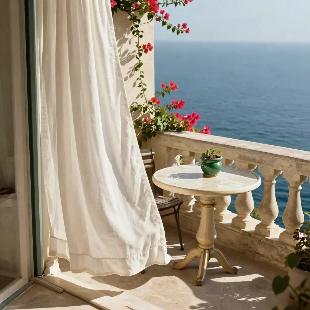 Terrazza di Capri in pietra chiara, tenda bianca e mare profondo al mattino.