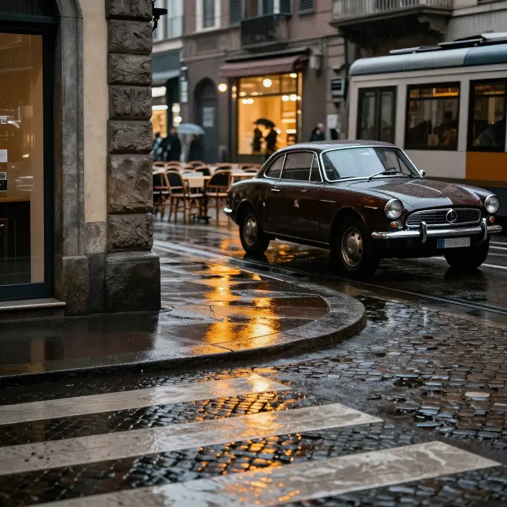 Strada milanese bagnata con tram riflesso, auto d’epoca e boutique sfocata.