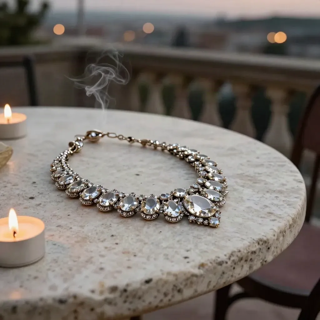 Collana di grandi pietre e orecchini su velluto scuro, candela bassa su terrazza urbana al crepuscolo