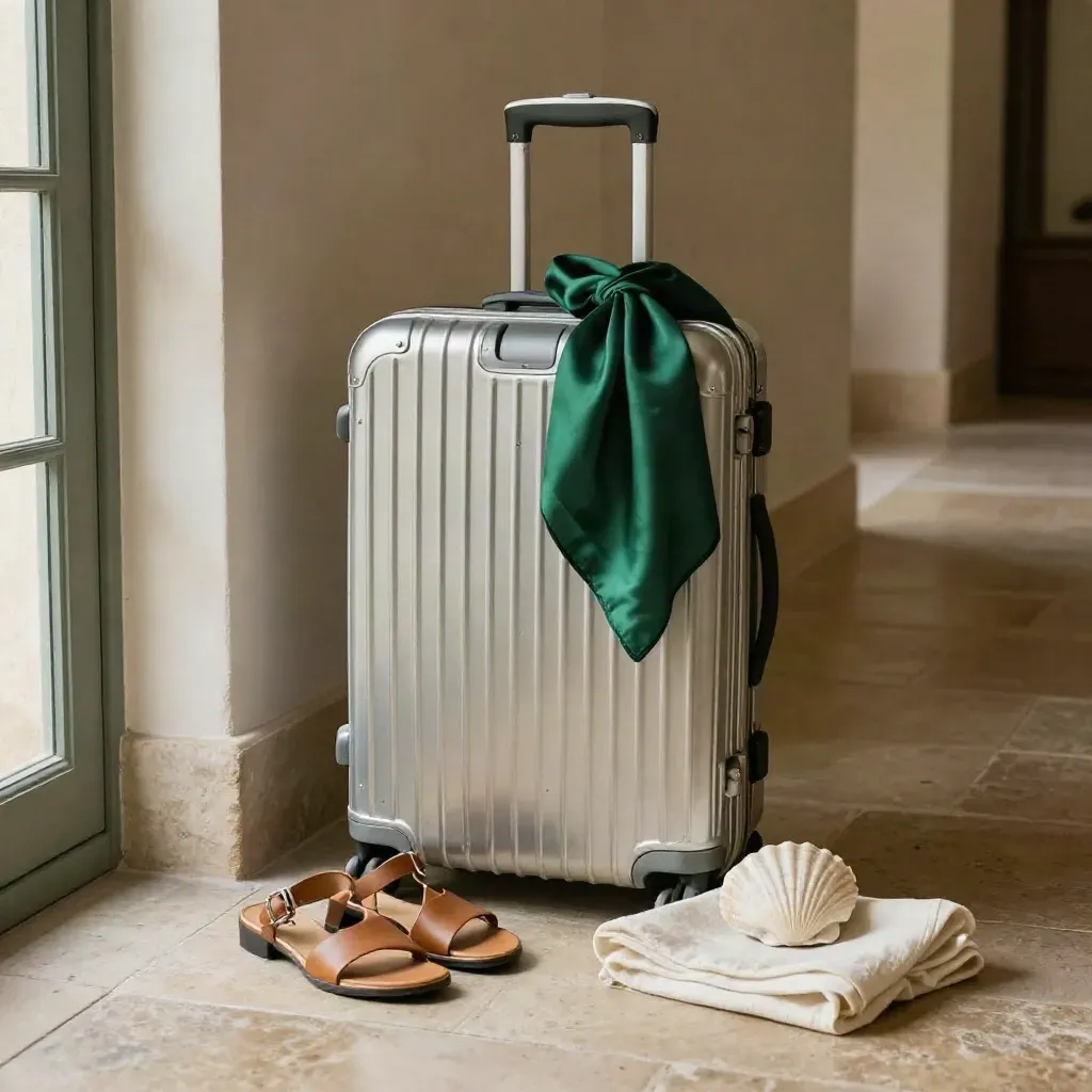 Valigia in alluminio con foulard, sandali, conchiglia e lino su pavimento d’hotel.